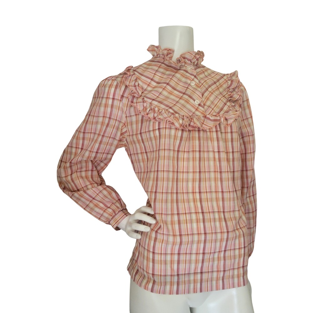 VTG 70s Plaid Prairie Blouse Ruffle Bib High Neck Pink Orange Checked Top Small